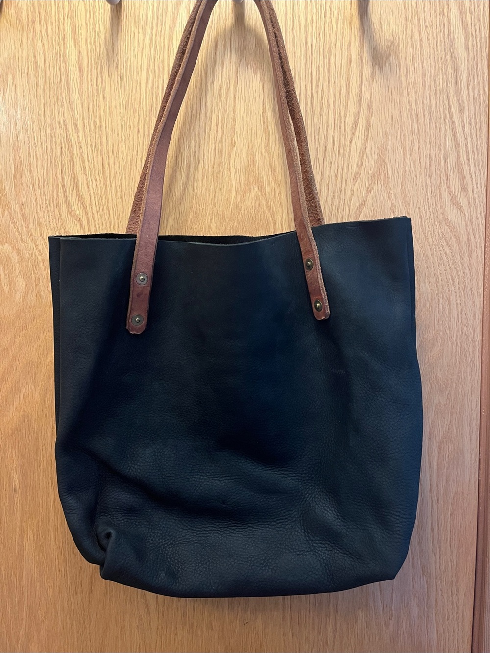Classic Black Leather Tote with Brown Handles